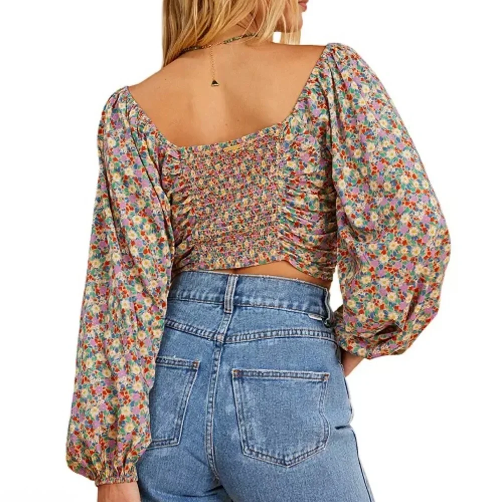 Billabong x The Salty Blonde Free Love Cropped Long Sleeve Floral Top Medium - Picture 2 of 4